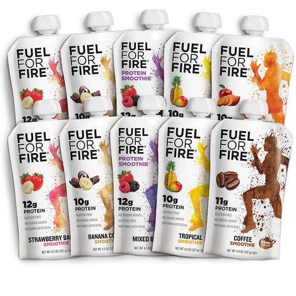 Fuel For Fire - Variety Pack with All 6 Flavors (10 Pack) Including New Mixed Berry! Fruit & Protein Smoothie Squeeze Pouch | Gluten-Free, Soy-Free, Kosher