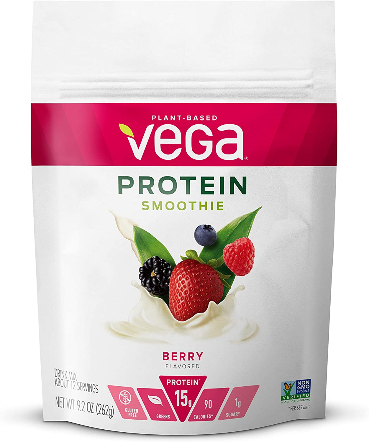 Vega Protein Smoothie, Berry, 12 Servings, 9.2 oz Pouch, Plant